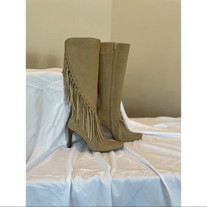 Tan Fringe Suede Heeled Boots Zip Up